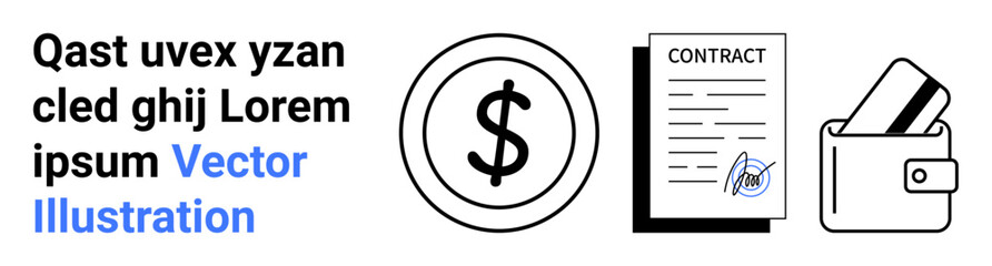 Business concept with dollar sign icon, contract document, and wallet with cards. Ideal for finance, banking, contracts, payment processing, financial planning transactions budgeting. Landing page