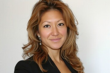 A professional woman with styled hair smiles confidently, wearing a black blazer and earrings against a neutral background.