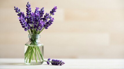 A fragrant bouquet of purple lavender blossoms arranged in a clear glass bottle, resting on a light-colored wooden surface against a neutral backdrop.