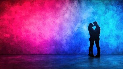 Obraz premium Couple embracing, neon backdrop, romantic, studio shot, love