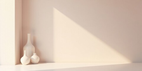 Cream-colored vessels arranged on a minimalist shelf against a soft, sunlit wall