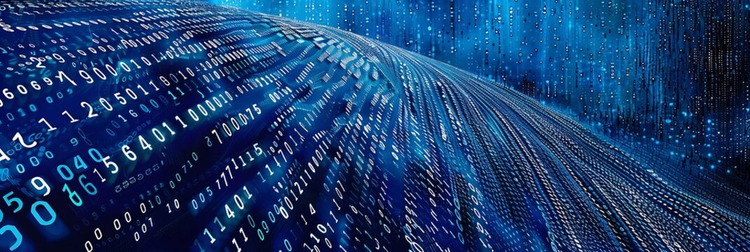 A dynamic, abstract stream of binary code flows through a blue background. The image represents data, technology, and digital information.

