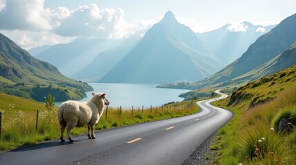 Obraz premium Serene mountain road journey with a lone sheep grazing peacefully near a tranquil lake