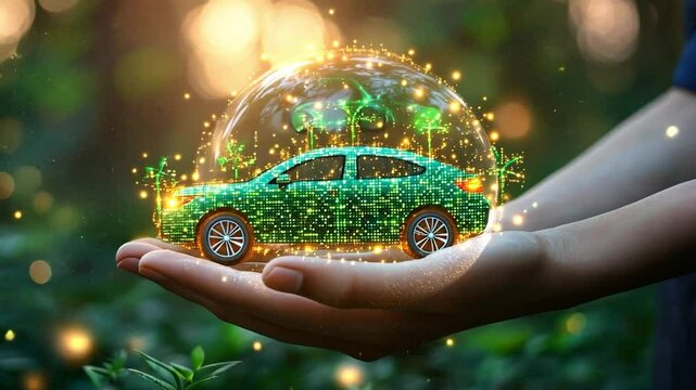 Sustainable Mobility: A green car symbolizing eco-conscious transportation, enveloped in a glowing bubble with tiny plants and surrounded by a lush green forest.