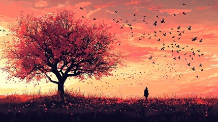 Sunset solitude Person watching birds fly near blossoming tree. Peaceful scene for meditation, calmness, or nature themes
