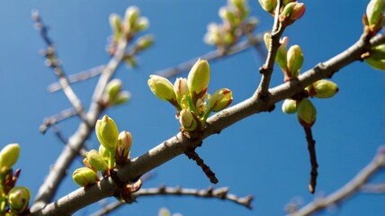A charming scene of tree buds beginning to bloom against a clear blue sky