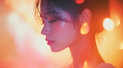 Fototapeta premium Dreamy woman with vintage film burn light overlay effect