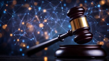 Gavel On Black Platform With Blue Network Background, Legal Technology Concept, Stock Photo