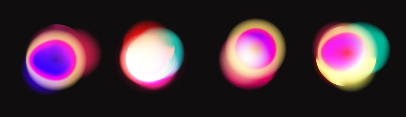 Neon round circles with blurred gradients, glowing frames with holographic light blur effect. Vector set of trendy colorful elements.
