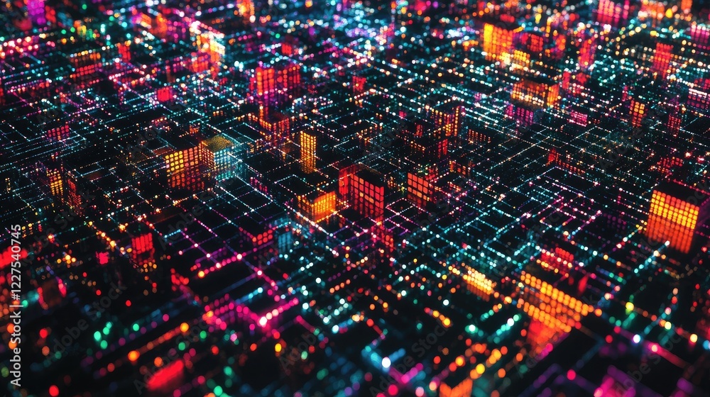 Poster An extreme close-up of computer monitor pixels in RGB hues, forming an intricate and glowing digital pattern, highlighting the advanced technology of modern screens