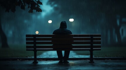 Lonely Figure on a Park Bench During a Rainy Night