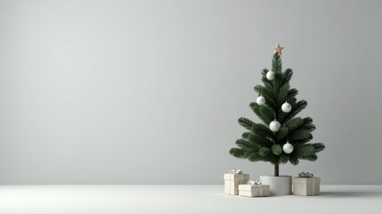 Minimalist Holiday Scene Small Evergreen Tree with Cream-Colored Presents and White Ornaments against a Neutral Background