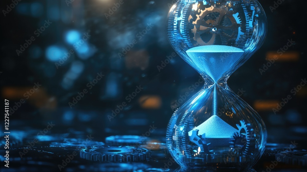 Poster An hourglass with sand turning into gears, illustrating the seamless connection between time and technological progress, symbolizing innovation and change