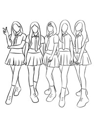 Line art vector illustration of five members of a kpop idol girl group. K-pop female fashion idols with school concept