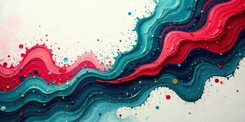 Fototapeta premium Abstract Wavy Composition Featuring Vivid Hues of Teal, Crimson, and Pink, Decorated with Scattered Spots of Various Colors and Sizes