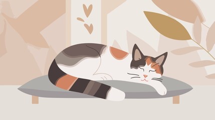 Cozy Cat Sleeps on Cushion Flat Vector Illustration