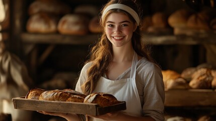 Young baker holding freshly baked bread in rustic bakery, showcasing artisan craftsmanship and warm atmosphere, perfect for food and culinary projects.