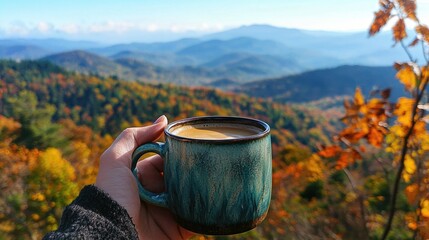 Obraz premium A hand holding a mug of coffee with a scenic mountain view in the background. s