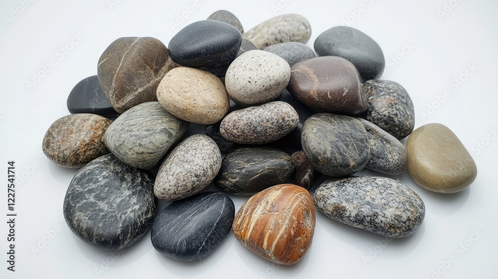 Poster close-up shot of assorted pebbles stacked in perfect balance, symbolizing harmony and simplicity, di