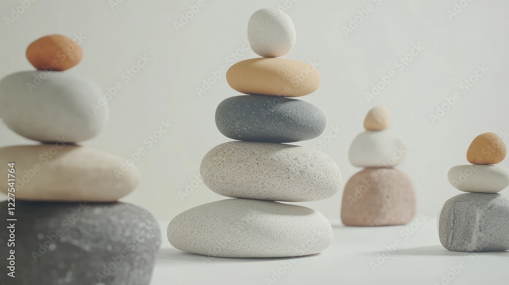 Poster close-up shot of assorted pebbles stacked in perfect balance, symbolizing harmony and simplicity, di