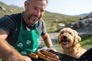 This lively pub scene captures a smiling woman holding a dark beer, embodying joy and camaraderie among friends in a warm, social atmosphere.