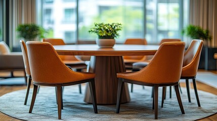 A circular table with chairs 