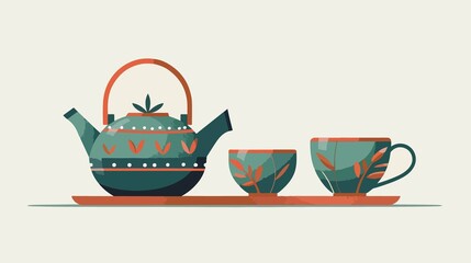 Elegant Ceramic Tea Pot and Cup Flat Vector Illustration