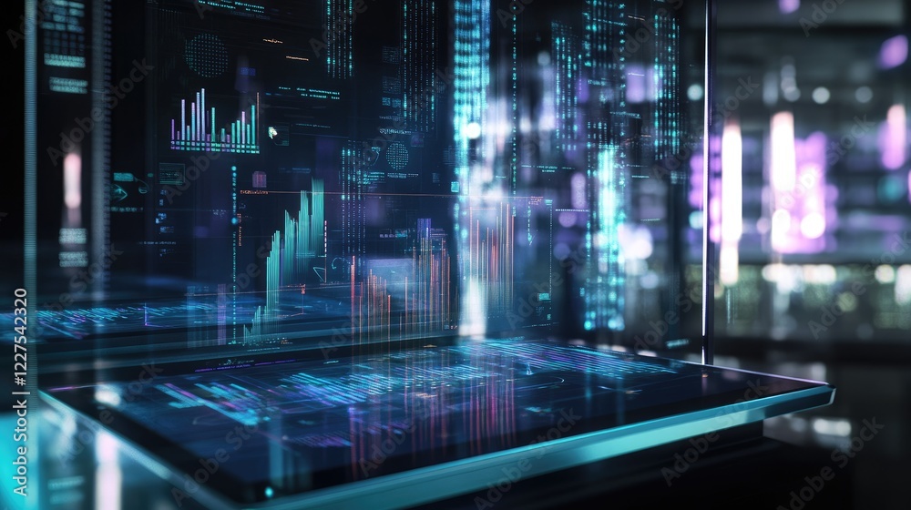 Aufkleber futuristic holographic graphs and charts above a tablet, showcasing advanced data analysis in an inn