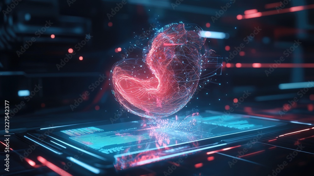 Poster Futuristic holographic graphs and charts above a tablet, showcasing advanced data analysis in an innovative digital workspace, emphasizing modern technology