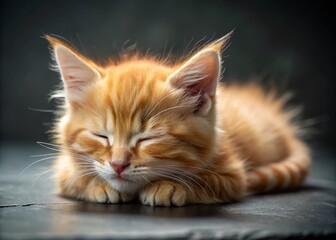 Adorable Ginger Kitten Napping on Cool Grey Slate Stone
