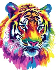 A portrait of a tiger in various vibrant colors on a white background