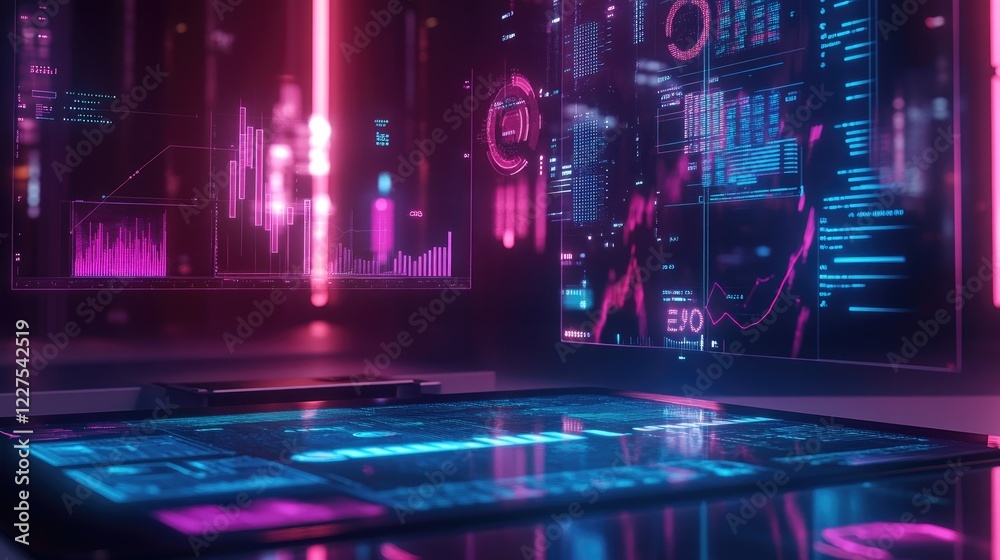 Aufkleber Holographic data visuals like charts and graphs hover above a tablet, representing modern and futuristic data analysis in a high-tech digital workspace