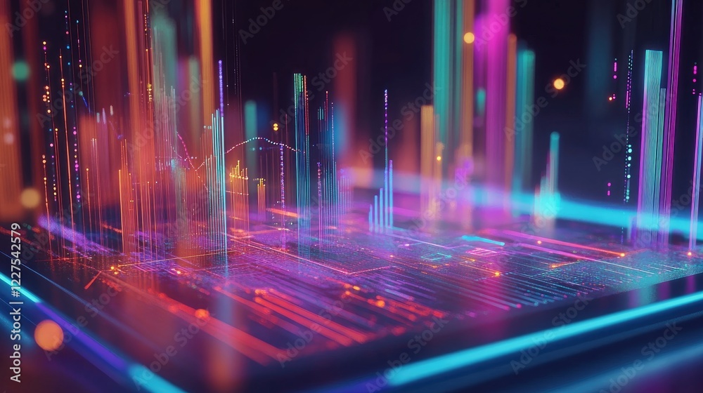 Poster Holographic data visuals like charts and graphs hover above a tablet, representing modern and futuristic data analysis in a high-tech digital workspace