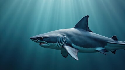 Obraz premium A Majestic Great White Shark Gracefully Navigating the Deep Ocean Depths, Illuminated by Sunbeams Piercing Through the Water Column
