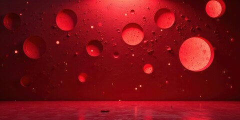 Crimson Abyss A Surreal Red Room with Illuminated Circular Cutouts and Glimmering Particles on a Textured Surface