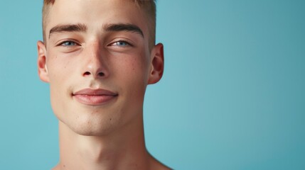 Obraz premium A young man with a shaved head and a blue shirt is smiling. He has a blue eye and a blue shirt