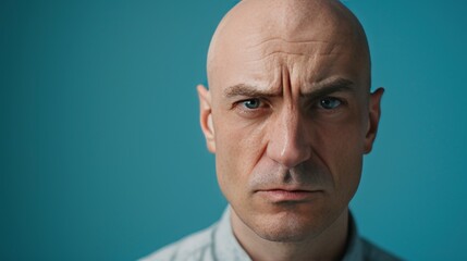 Obraz premium A bald man with a serious expression on his face. He is looking at the camera. Concept of determination and focus
