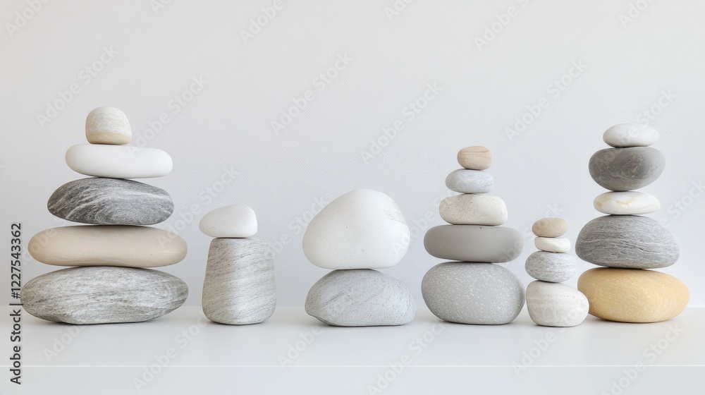 Poster side view of smooth, assorted pebbles carefully stacked in perfect balance on a clean white backgrou