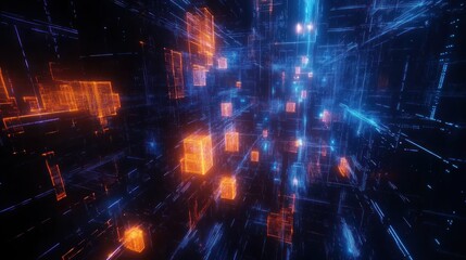 Obraz premium Digital data stream, glowing cubes, network, abstract background, tech concept