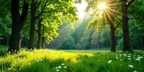 Sunlit Meadow Enchanting Forest Scene with Lush Green Trees and Delicate White Flowers Blooming in Vibrant Sunlight