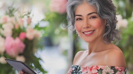Woman smiling while holding a tablet in a floral setting, showcasing modern technology and personal enjoyment in a vibrant, joyful atmosphere.