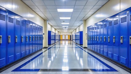 Fototapeta premium Empty school hallway with royal blue metal lockers
