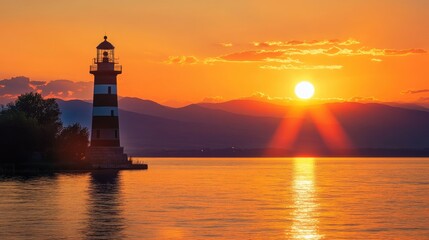 The silhouette of a lighthouse stands tall against the glowing orange sunset over Lake Neusiedl, casting a serene light across the peaceful waters