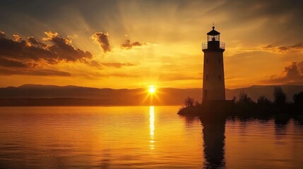 The silhouette of a lighthouse stands tall against the glowing orange sunset over Lake Neusiedl, casting a serene light across the peaceful waters