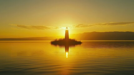 Fototapeta premium The sun dips behind a lighthouse at Lake Neusiedl, its beacon illuminating the calm waters and creating a peaceful, picturesque atmosphere
