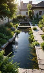 Peaceful rooftop garden with a large stone pond and surrounding foliage, garden, nature-inspired, stone pond