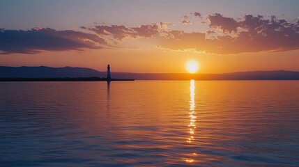 The sun dips behind a lighthouse at Lake Neusiedl, its beacon illuminating the calm waters and creating a peaceful, picturesque atmosphere