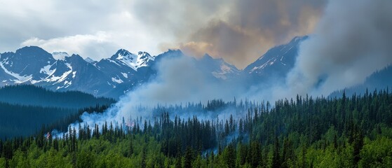 Wildfire smoke rising over mountainous forest landscape, showcasing environmental impact and the urgency of climate change awareness in nature conservation efforts.
