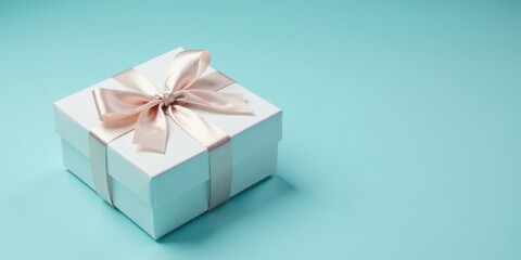 Obraz premium A delicately tied blush ribbon adorns a pristine white gift box, resting on a tranquil pale blue background, symbolizing a thoughtful present.