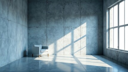 Obraz premium Sunlit Modern Room with a Single Armchair Against a Textured Concrete Wall